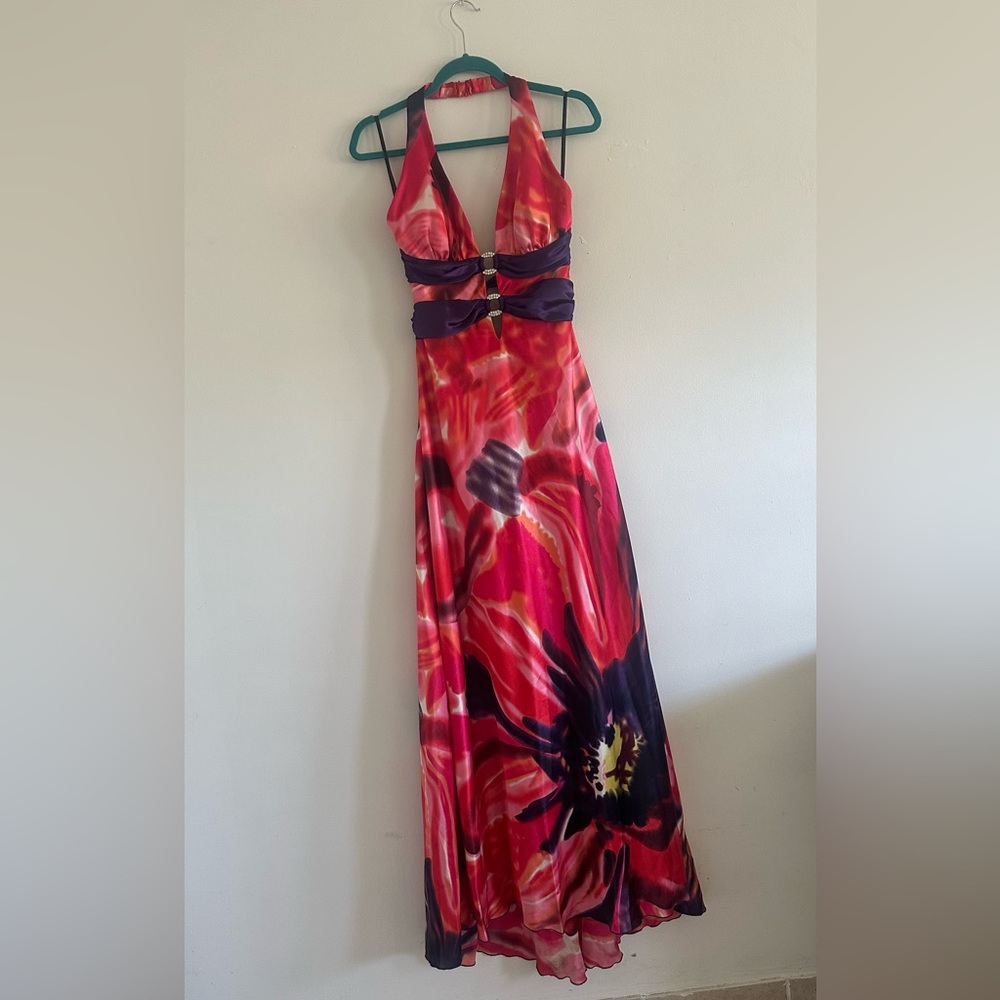 Windsor 13/14 Floral Halter Maxi Dress-red pink